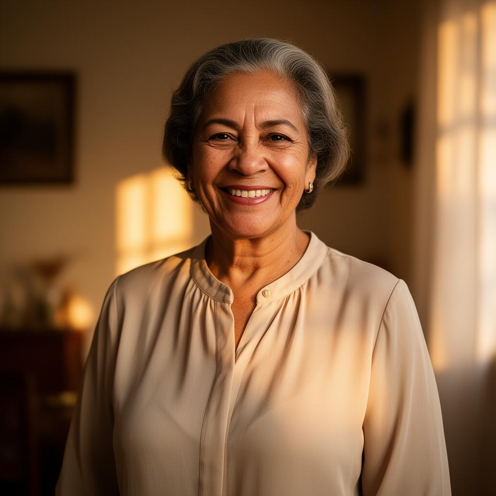Cliente aposentada sorrindo em ambiente acolhedor